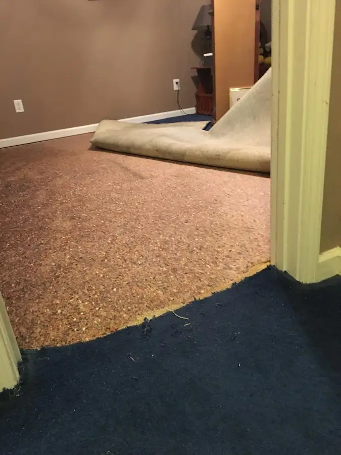 Carpet pad removal revealing water damage during Drying & Dehumidification in Antioch